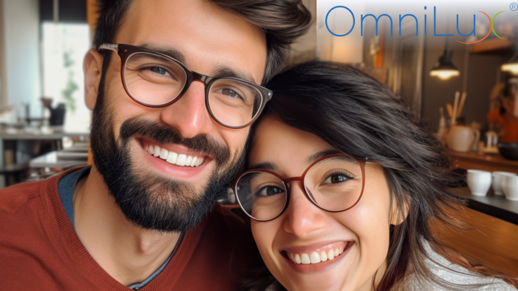 happy couple wearing eyeglasses