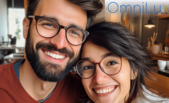 happy couple wearing eyeglasses